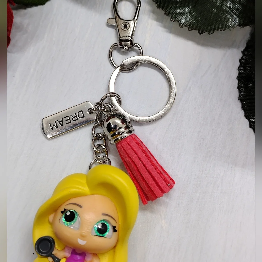 Kids Character Rapunzel Keychain Bag Charm - Yellow Hair, Pink Tassel